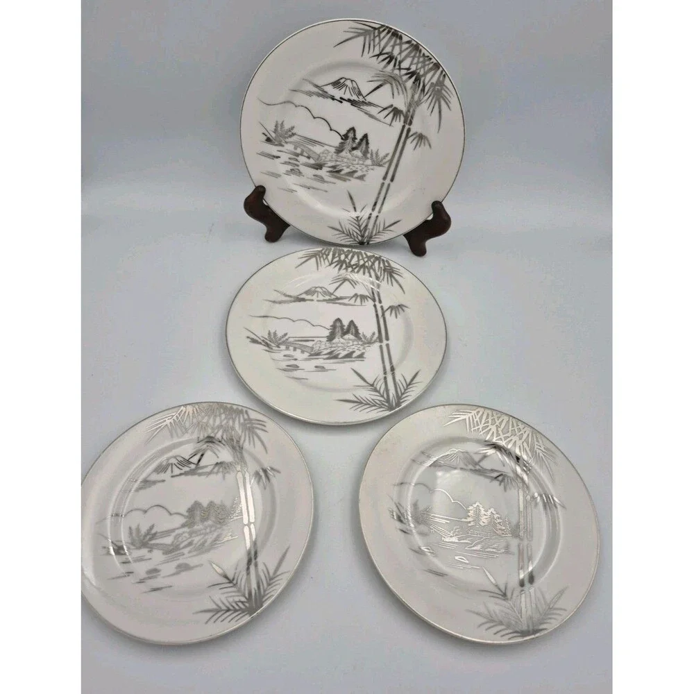 Antique Kutani Japanese China 2 Bread Plates, Mt Fuji Bamboo design 2 Saucers